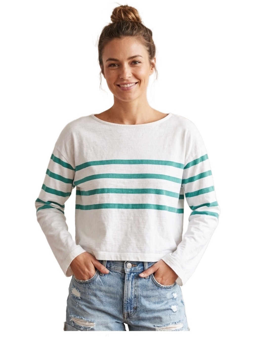 Faherty Sport Jersey Green White Striped Crop Top M Breton Stripe Boxy Fit Shirt
